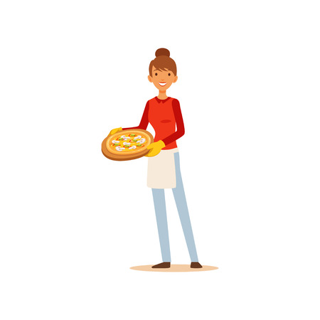 Young woman holding a pizza, housewife girl cooking food in the kitchen flat vector Illustration on a white backgroundのイラスト素材