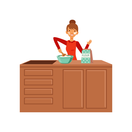Young cheerful woman baking, housewife girl cooking food in the kitchen flat vector Illustration on a white backgroundのイラスト素材