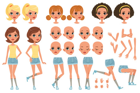 Girl character creation set, cute girl constructor with different poses, gestures, faces, hairstyles, vector Illustrationsのイラスト素材