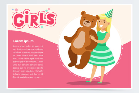 Happy girl holding big teddy bear, cute kid celebrating her birthday, girls banner flat vector element for website or mobile appのイラスト素材