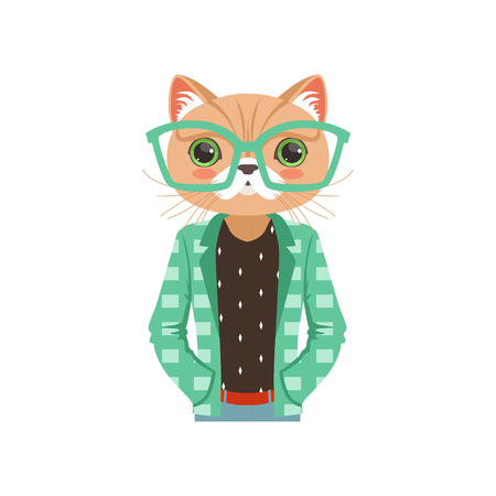 Cute fashion cat guy character in turquoise glasses and a jacket, hipster animal flat vector illustrationのイラスト素材