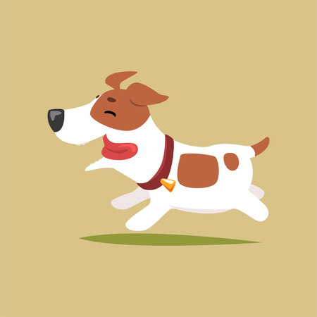 Jack russell puppy character running, cute funny terrier vector illustration on a beige backgroundのイラスト素材