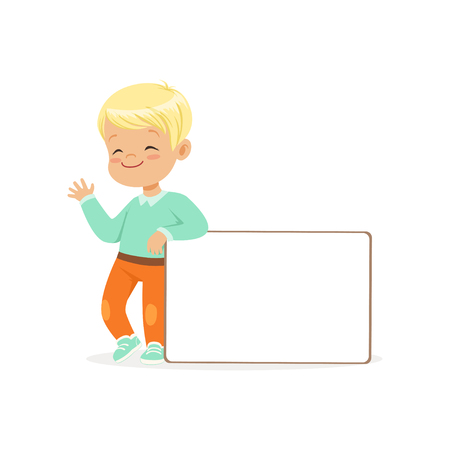 Sweet boy character standing with white empty message board, kid with placard vector Illustration isolated on a white backgroundのイラスト素材