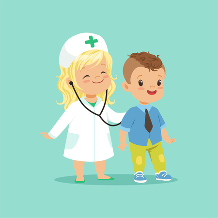 Flat vector illustration of two adorable babies playing in doctor and patient game. Baby girl examining her brother with stethoscopeのイラスト素材