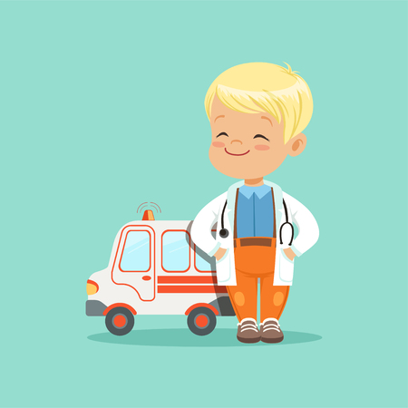 Flat vector of baby boy in white medical coat and stethoscope around his neck standing with hands in pockets near toy ambulance carのイラスト素材