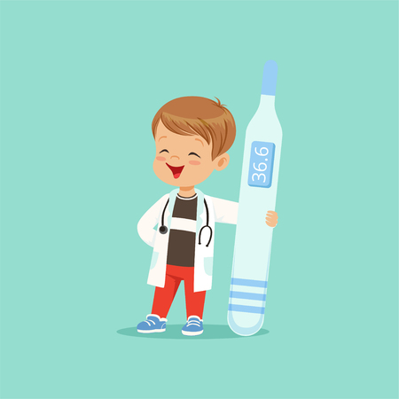 Cartoon baby boy character in white coat and stethoscope around his neck holding big medical thermometer. Child playing doctor.のイラスト素材