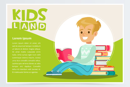 Smiling teenager boy with freckles on face sitting and reading near pile of books. Enjoying literature. Education and school concept. Green card or promo poster with schoolboy flat character. Vectorのイラスト素材