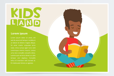 Happy African American teen boy sitting and holding an open paper book. Enjoying literature. Reading books. White and green kids land card or poster with schoolboy flat character. Vector illustration.のイラスト素材