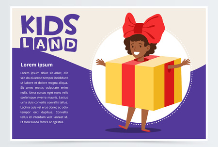Happy girl dressed as gift box, cute kid in Christmas costume for masquerade, kids land banner flat vector element for website or mobile appのイラスト素材