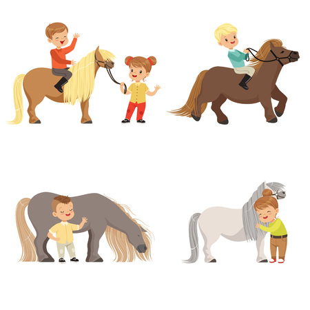 Funny little kids riding ponies and taking care of their horses set, equestrian sport, vector Illustrationsのイラスト素材