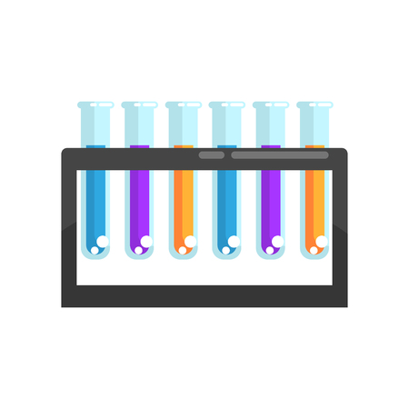 Colorful laboratory glass test tubes with various chemicals on stand. Supplies for scientific experiment. Modern flat design icon element. Cartoon vector illustration isolated on white background.のイラスト素材