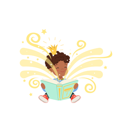 Black little boy sitting on floor and reading magic book with fantasy stories. Cartoon kid character with golden crown on head. Children imagination. Flat vectorのイラスト素材
