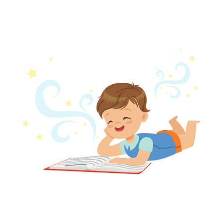 Funny little boy lying and reading magic book with fantasy stories. Interesting childhood and imagination concept. Isolated flat vectorのイラスト素材