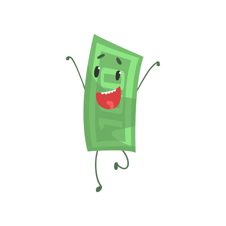 Cheerful hundred dollars character standing with hands up. Funny money icon. Isolated flat vector illustration. Graphic element for infographic, sticker or posterのイラスト素材