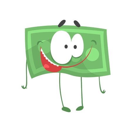 Funny money character with happy face. Cartoon banknote in flat style. Emotional green dollar. Vector illustration design for emblem, card or posterのイラスト素材