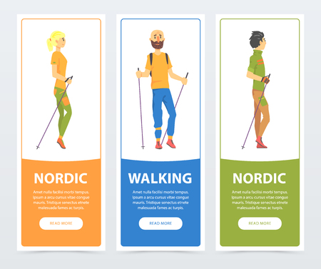 Cartoon Vertical Banners With Young People Nordic Walking
