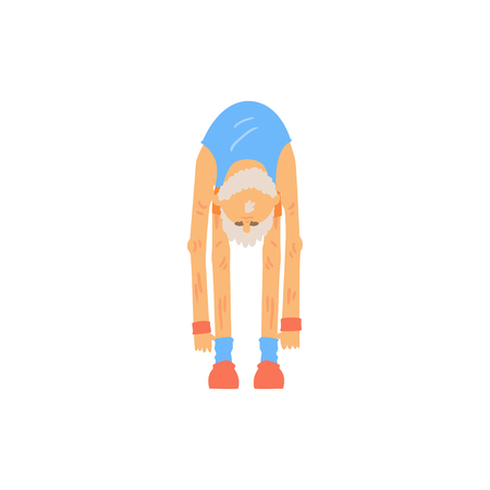 Old bearded man doing toe touch stretching exercise. Athletic grandfather character in sports wear. Physical activity and healthy lifestyle. Flat vector designのイラスト素材