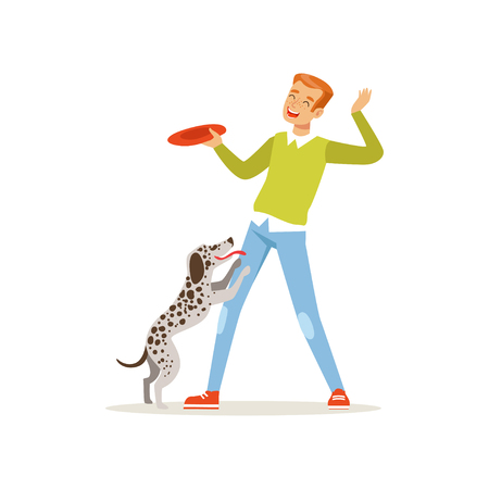 Cheerful red-haired man playing flying disc with his dog. Guy having fun with pet outdoors. Cartoon male character in sweater and jeans. Domestic animal. Flat vectorのイラスト素材
