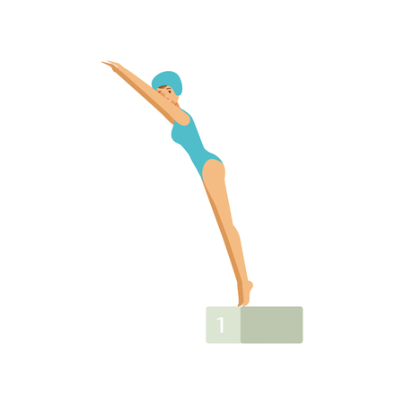 Young girl in blue swimsuit and silicone cap jumping into pool from spring board. Professional swimmer character. Isolated flat vectorのイラスト素材