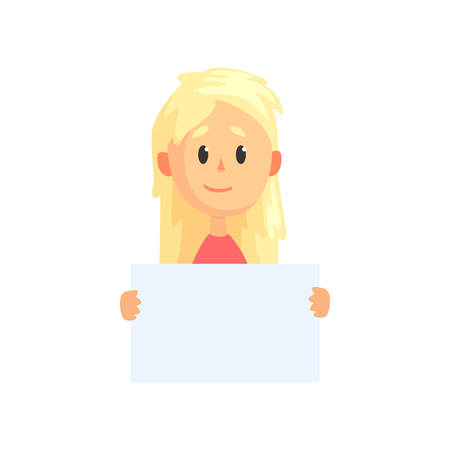 Cute blond girl with piece of empty paper in hands isolated on white. Cartoon teenager character showing blank placard with place for your text. Flat vector illustration for advertising or sticker.のイラスト素材