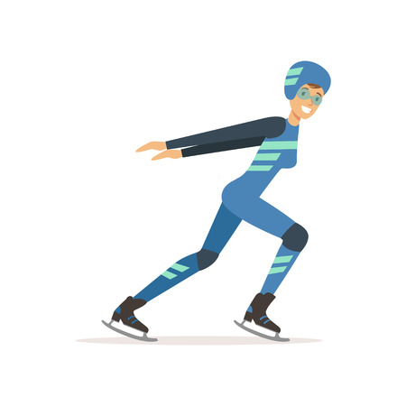 Girl athlete taking part in speed skating competition.  Woman in professional outfit glasses, overalls, helmet and clap skate. Isolated flat vectorのイラスト素材