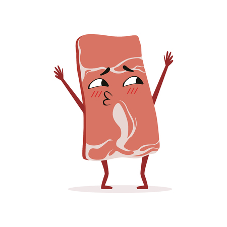 Cartoon slice of ham with hands, legs and cute face. Comic flat character standing isolated on white. Fresh meat product. Design for food market or butcher storeのイラスト素材