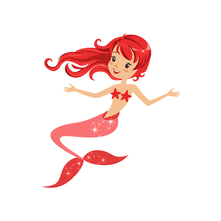 Mermaid girl with long red hair and shiny fish tail. Mythical marine creature. Cartoon character in flat style. Underwater life. Vector print or postcardのイラスト素材