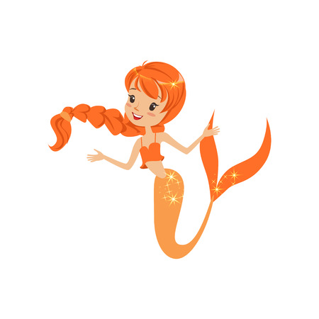 Colorful Illustration Of Cute Red Haired Mermaid Cartoon Girl