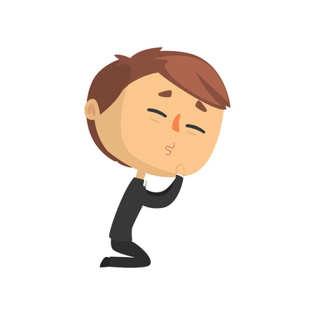 Priest character kneeling down and praying, catholic preacher, holy father cartoon vector illustrationのイラスト素材
