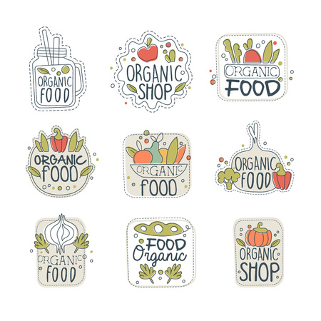 Healthy organic vegan food set in different shapes. Badges with fresh eco natural products for shop or market. Line art with colorful vegetables and greenery. Hand drawn vector with letteringのイラスト素材