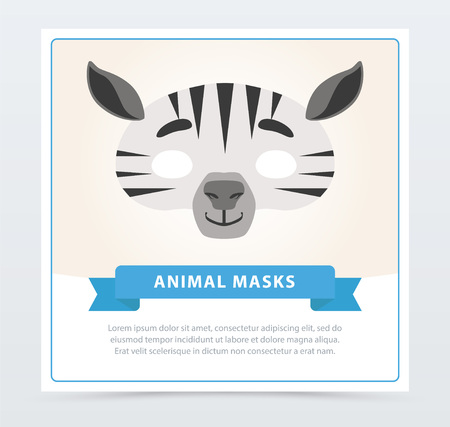Creative masquerade mask of zebra. African or Safari theme. Jungle animal face. Flat vector design for children s birthday party invitation, greeting card or flyerのイラスト素材