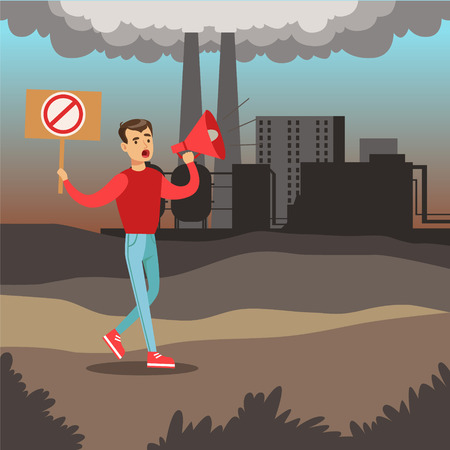 Man protesting standing on air pollution background, environmental pollution, ecology concept flat vector illustrationのイラスト素材