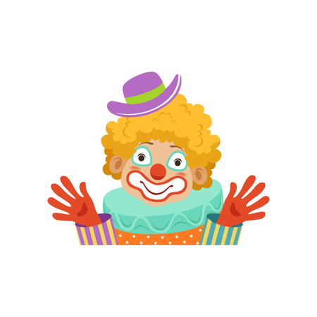 Funny circus clown showing his hands, avatar of cartoon friendly clown in classic outfit vector Illustrationのイラスト素材
