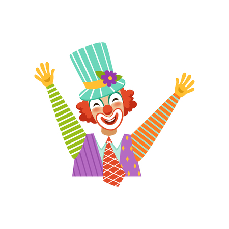 Funny circus clown raising his hands, avatar of cartoon friendly clown in classic colorful outfit vector Illustrationのイラスト素材