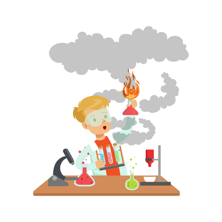 Scientist boy looking dirty holding an exploding test tube, schoolboy doing science experiment vector Illustrationのイラスト素材