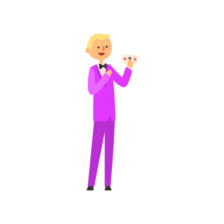Cheepful illusionist showing trick with playing cards. Magic focus. Cartoon blond male character in elegant purple suit. Circus performance concept. Colorful flat vector illustration isolated on whiteのイラスト素材