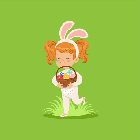 Happy little girl with bunny ears and rabbit costume holding basket with painted eggs, kid having fun on Easter egg hunt vector Illustration on a lawn green background.のイラスト素材