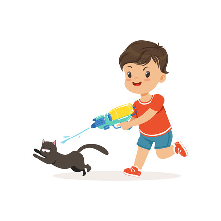Cute bully boy pouring a black cat out of a water gun, hoodlum cheerful little kid, bad child behavior vector Illustrationのイラスト素材