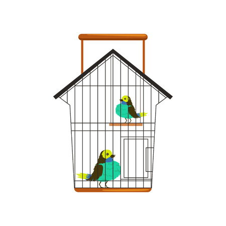 Cartoon couple of cute birds in metallic cage. One sitting on floor, other on wooden swing toy. Domestic pets concept. Isolated flat vector designのイラスト素材