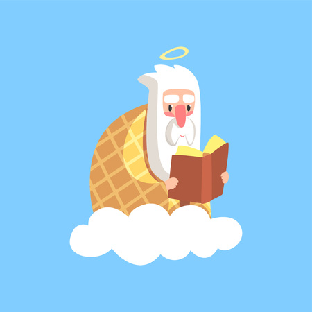 Cute illustration of god character wrapped in plaid reading book. Creator is resting. Almighty bearded man on a cloud. Christian religious theme for children. Flat cartoon vector icon isolated on blueのイラスト素材