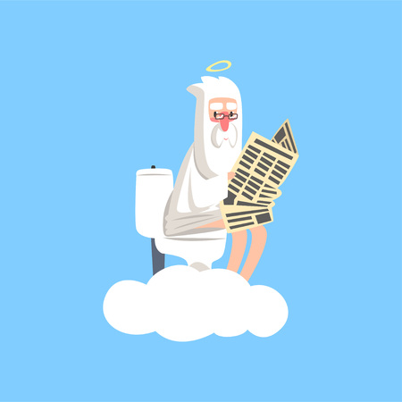 God on white cloud with halo over his head sitting on the toilet and reading newspaper. Christian religious theme. Flat vector isolated on blue background.のイラスト素材
