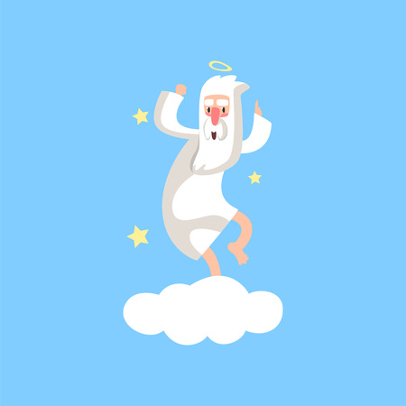 Happy bearded god character having fun. Almighty creator with halo dancing on white cloud surrounded with stars. Flat vector isolated on blue.のイラスト素材