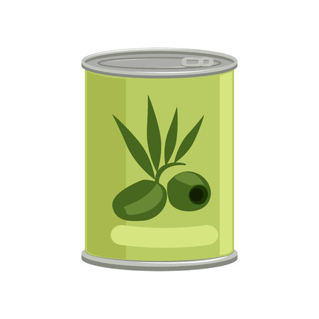 Green olives in metallic can with brand label. Concept of canned food. Tinned goods. Cartoon vector illustration isolated on white background. Flat graphic element for advertising placard or banner.のイラスト素材