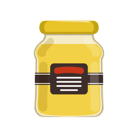 Cartoon glass jar with natural honey. Bank with brand label. Sweet food concept. Organic product from apiary farm. Isolated vector illustration in flat style. Design for advertising flyer or poster.のイラスト素材