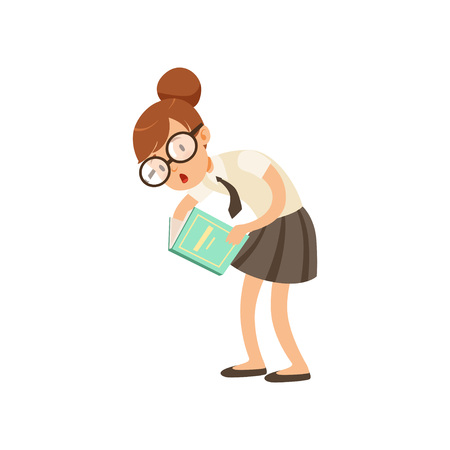 Funny nerd girl interested in reading book. Cartoon schooler in glasses, skirt and blouse with tie. Smart kid character in library. Flat vector designのイラスト素材