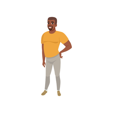 Adult bearded Afro-American man posing isolated on white background. Cartoon character of fat male in orange t-shirt and gray pants. Full-length portrait. Colored vector illustration in flat style.のイラスト素材