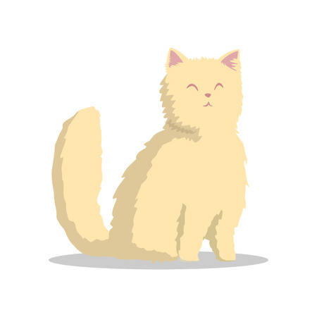 Hand drawn fluffy beige cat with pink ears and happy muzzle. Cute domestic animal character. Flat vector design for veterinary clinic or pet store.のイラスト素材