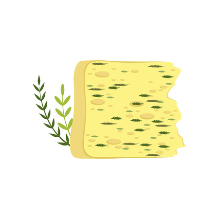 Piece of traditional Gouda cheese with green herbs. Dairy organic product. Delicious and healthy food concept. Flat design for advertising poster or banner. Vector illustration isolated on white.のイラスト素材