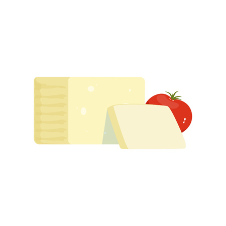 Traditional Greek feta cheese from sheep and goat milk. Dairy product concept. Flat design for sticker, promo poster, banner or flyer of grocery store. Vector illustration isolated on white backgroundのイラスト素材