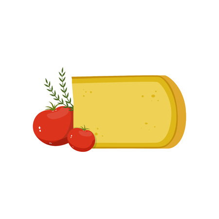 Gouda cheese, red tomatoes and green ginger leaves. Gourmet food. Natural dairy product concept. Flat design for menu, book or promo flyer of grocery store. Vector illustration isolated on white.のイラスト素材
